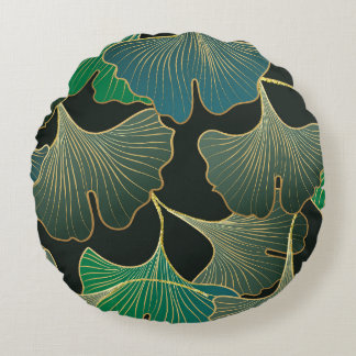 Almofada Redonda Ouro luxuoso Ginkgo, arte vintage.