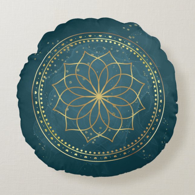 Almofada Redonda Ouro Mandala em Teal (Frente)