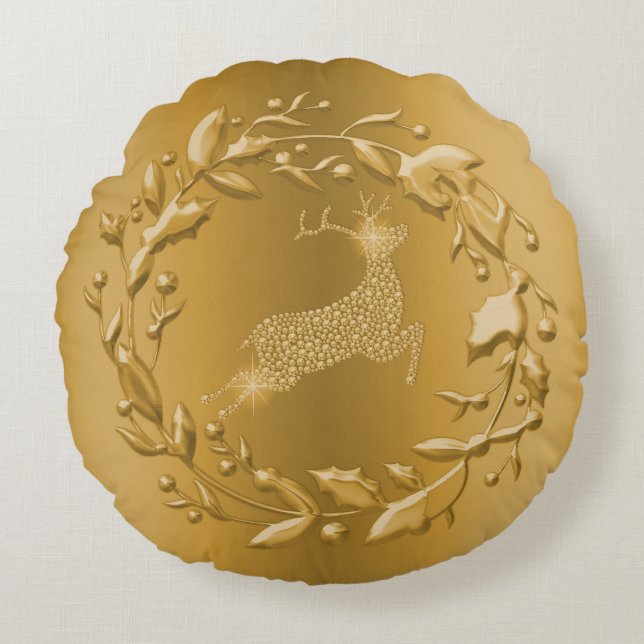 Almofada Redonda Ouro Reindeer e Wreath Dourado Natal (Frente)