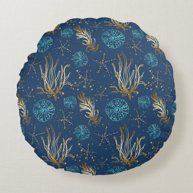 Almofada Redonda Ouro Starfish e Coral Reef Patterno em Azul (Frente)