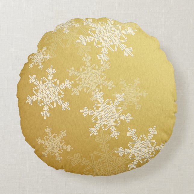 Almofada Redonda Ouro White Snowflakes Natal Minimalista (Frente)