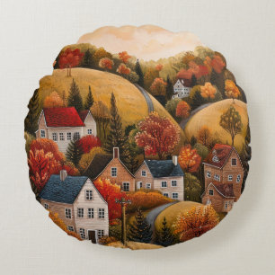 Almofada Redonda Outono Folk Art Oil Painting Round Cushion