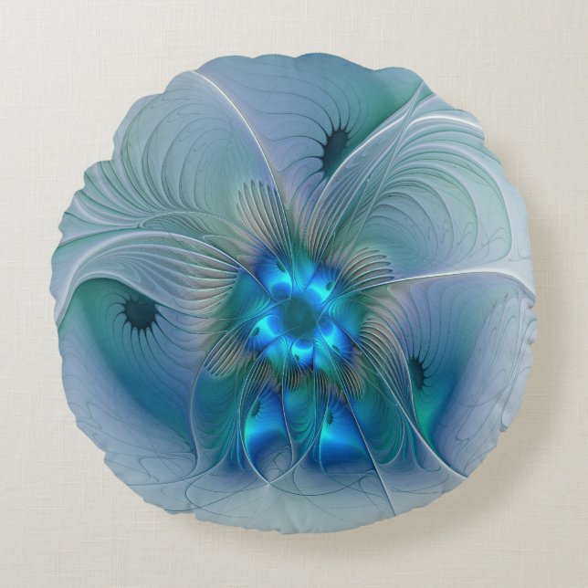 Almofada Redonda Ovações de Pé, Fractal Azul Turquesa Abstrato (Frente)
