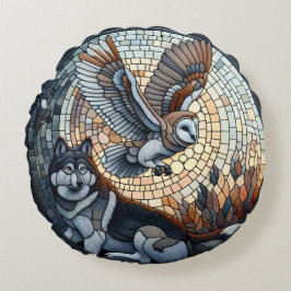 Almofada Redonda Owl e Wolf Mosaic Nature Ai Art