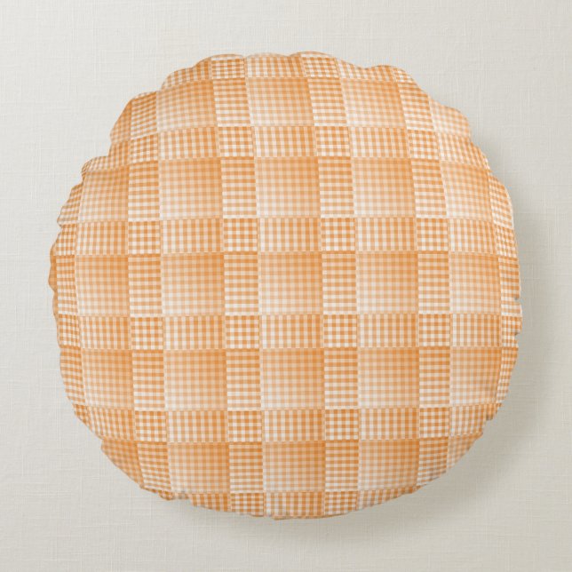 Almofada Redonda Padrão Abstrato Xadrez Laranja Branco (Frente)