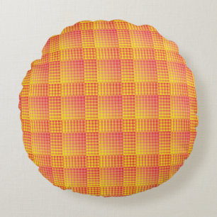 Almofada Redonda Padrão Abstrato Xadrez Vermelho Amarelo