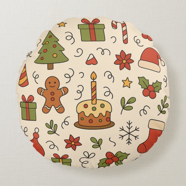 Almofada Redonda Padrão Alegre de Doodle de Natal (Frente)