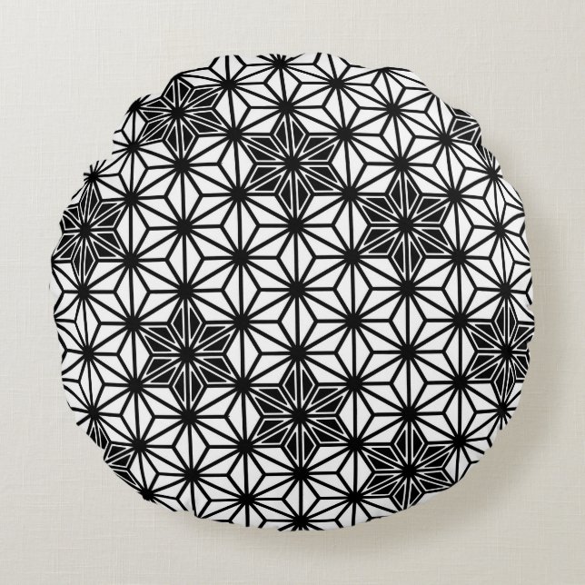 Almofada Redonda Padrão Asanoha japonês - branco e preto (Frente)