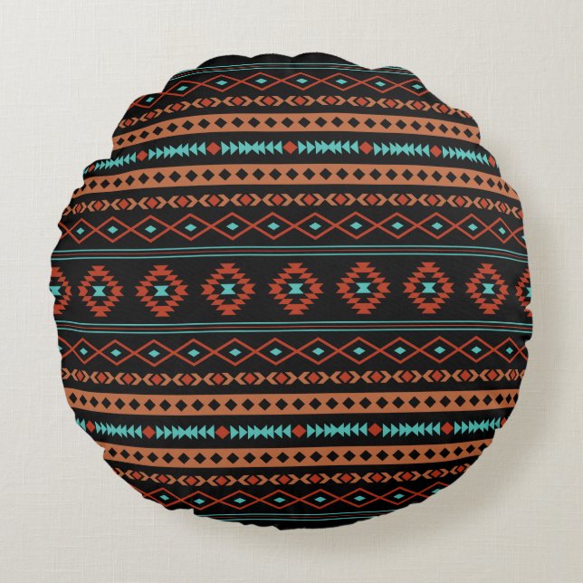 Almofada Redonda Padrão Aztec Rusts Teal Black Mixed Motifs (Frente)