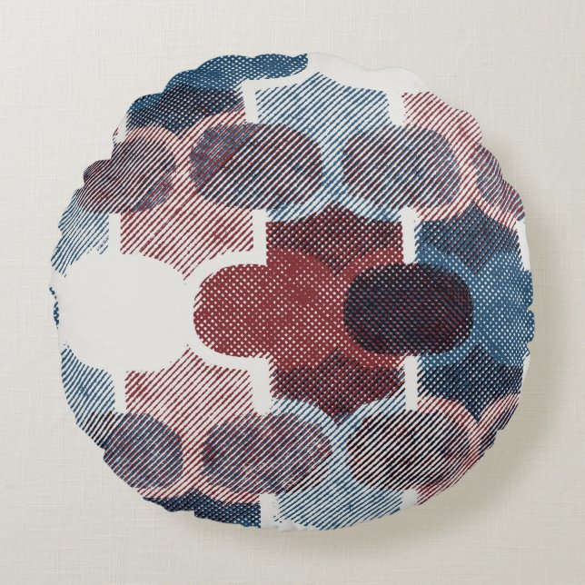 Almofada Redonda Padrão Azul Abstrato vermelho geométrico (Frente)