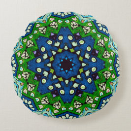 Almofada Redonda Padrão Azul Verde-Mosaico Mandala Retro