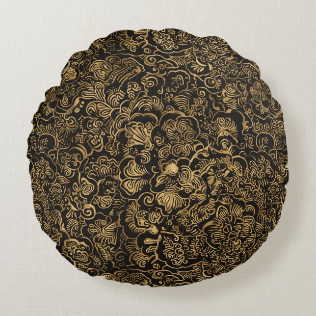 Almofada Redonda Padrão Barroco Floral Dourado em Preto (Frente)