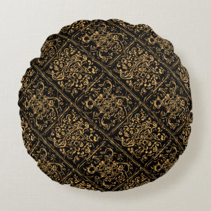 Almofada Redonda Padrão Barroco Ornamental Dourado no Preto