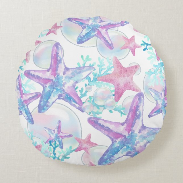 Almofada Redonda Padrão bonito de Starfish rosa (Frente)