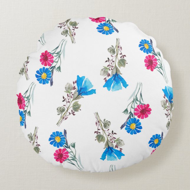 Almofada Redonda Padrão botânico aquoso de primavera rosa claro (Frente)