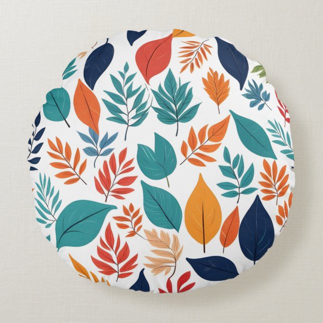 Almofada Redonda Padrão botânico com folhas tropicais em branco (Frente)