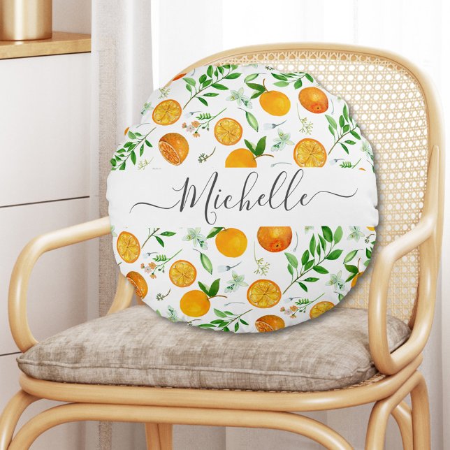 Almofada Redonda Padrão Botânico Floral de Citrus Summer (In situ)