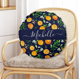 Almofada Redonda Padrão Botânico Floral de Verão Citrino Laranja