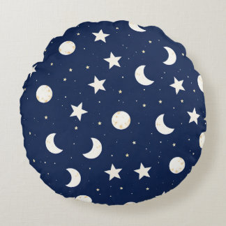 Almofada Redonda Padrão Celestial Whimsical de Luas e Estrelas