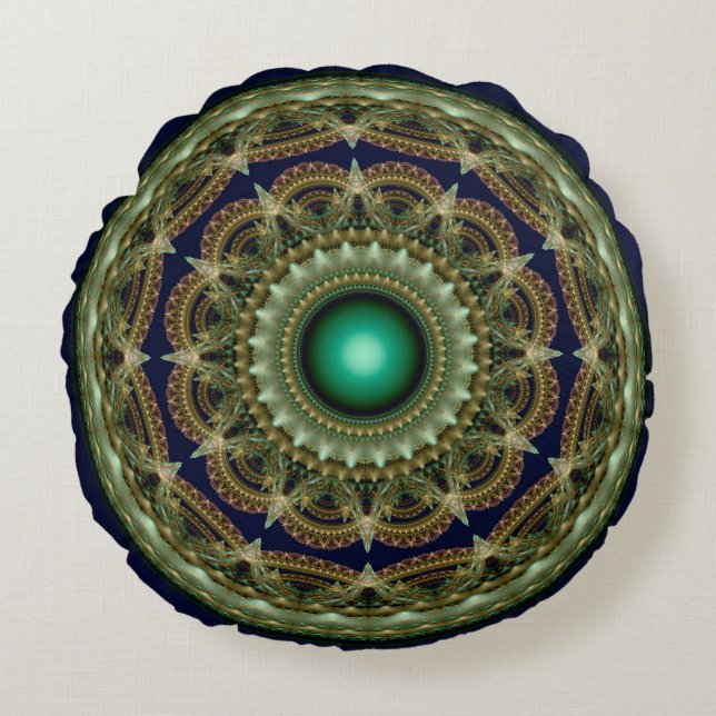 Almofada Redonda Padrão circular fractal caleidoscópico verde (Frente)