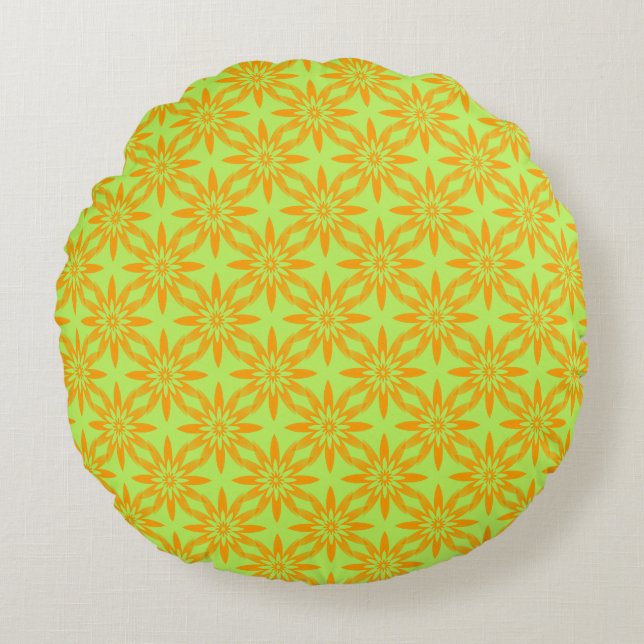 Almofada Redonda Padrão contínuo de flor verde laranja (Frente)