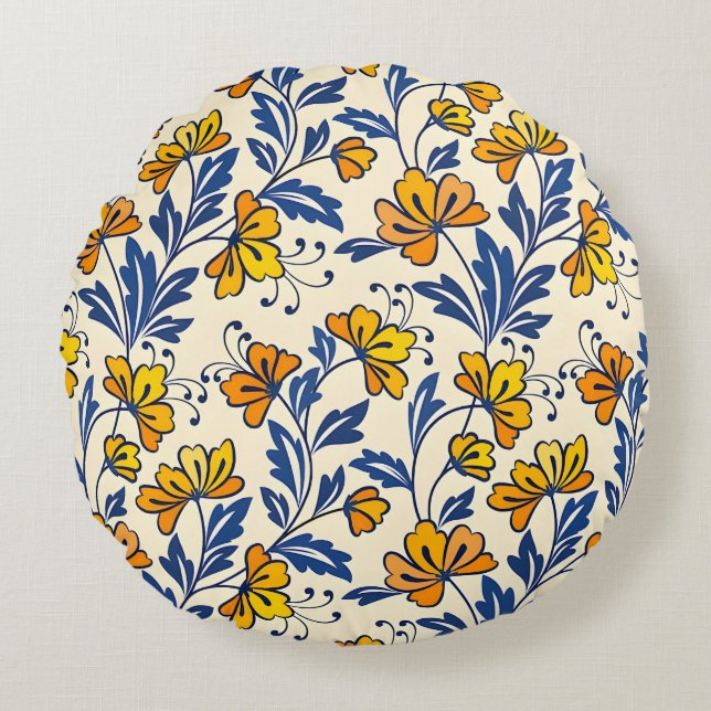 Almofada Redonda Padrão contínuo deslumbrante de flores e folhas (Frente)