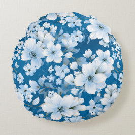 Almofada Redonda padrão das flores brancas, fundo azul,