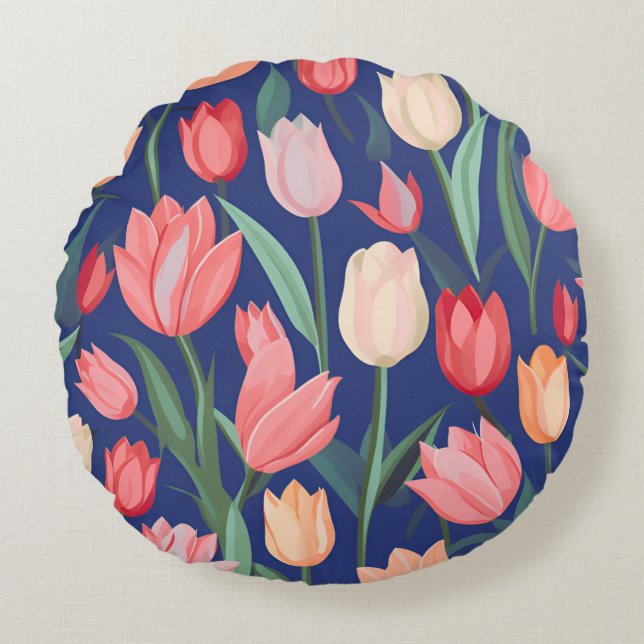 Almofada Redonda Padrão das tulipas. (Frente)