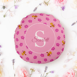 Almofada Redonda Padrão de Abelhas e Flores de Aquarela Nome do Mon