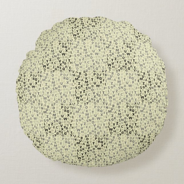 Almofada Redonda Padrão de alfabetos 01 BW.w LYellow BG (Frente)
