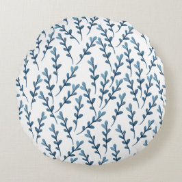 Almofada Redonda Padrão de Aquarela Azul Folha - Branco