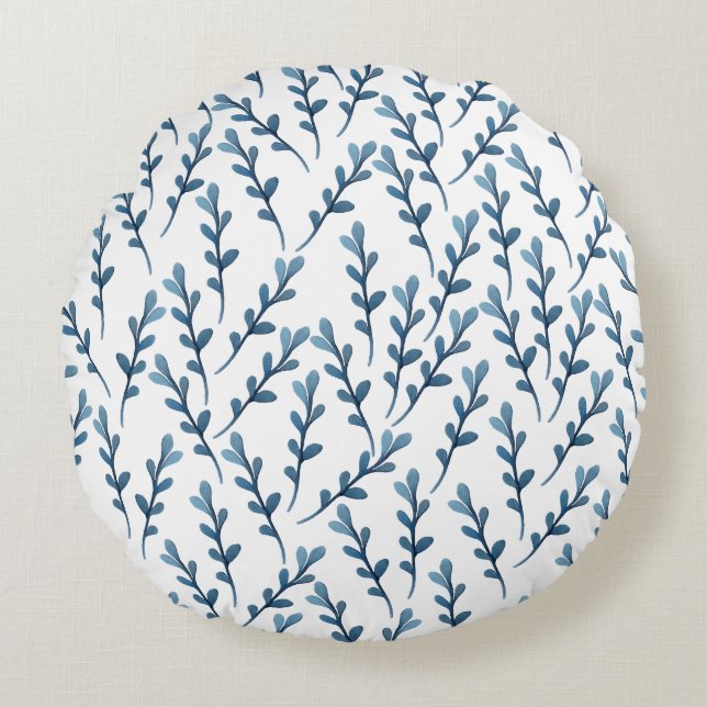Almofada Redonda Padrão de Aquarela Azul Folha - Branco (Frente)