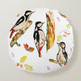 Almofada Redonda Padrão de aquarela com pica-pau
