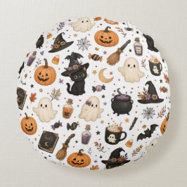 Almofada Redonda Padrão de aquarela de Halloween fofo com gatos pre