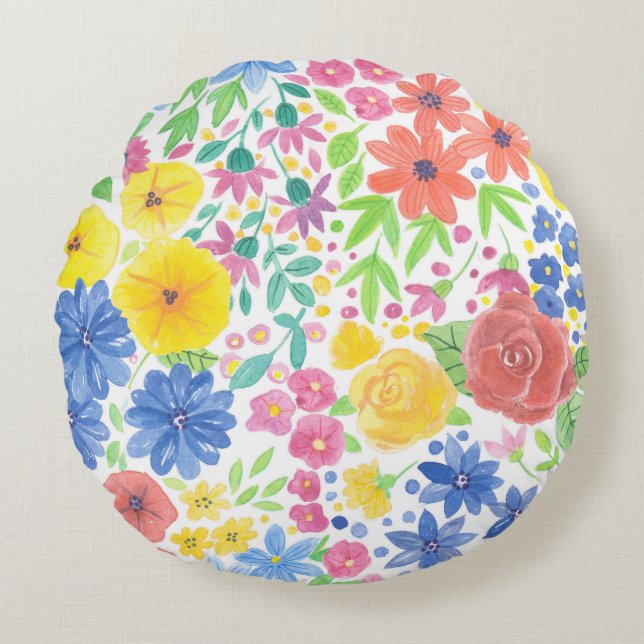 Almofada Redonda Padrão de aquarela floral (Frente)