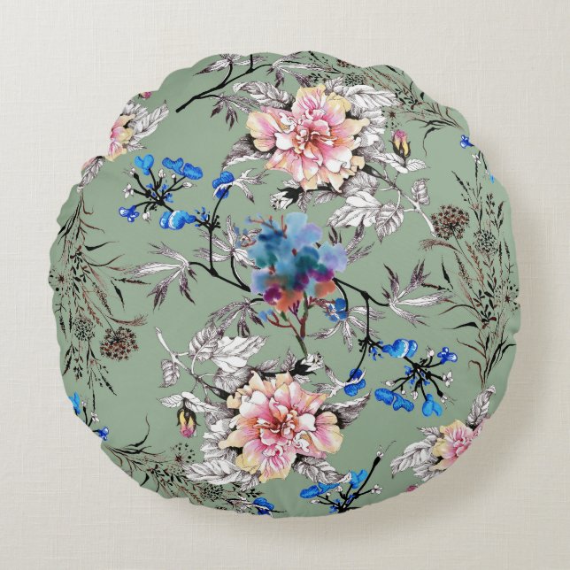 Almofada Redonda Padrão de Aquarela Floral de Fundo Verde. (Frente)