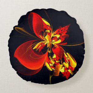 Almofada Redonda Padrão de Arte Abstrata Floral Amarelo Vermelho Mo