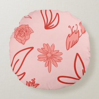 Almofada Redonda Padrão de Arte de Linha Floral Rosa