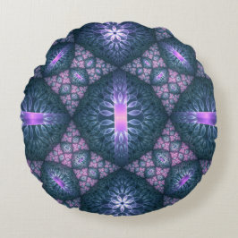 Almofada Redonda Padrão de Arte Fractal 3D Turquesa Roxo Rosa