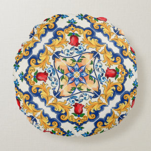 Almofada Redonda Padrão de Azulejo Colorida Siciliana Majolica