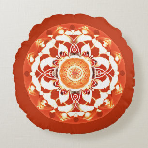 Almofada Redonda Padrão de Batik Mandala em Vermelho Ruivo