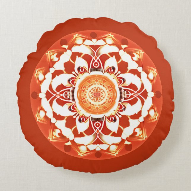 Almofada Redonda Padrão de Batik Mandala em Vermelho Ruivo (Frente)