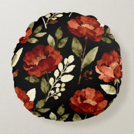 Almofada Redonda Padrão de Brasa da Colheita | Floral Vermelho Ferr