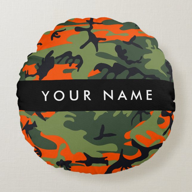 Almofada Redonda Padrão de Camuflagem Laranja, Seu nome, Personaliz (Frente)