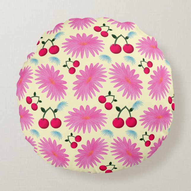 Almofada Redonda Padrão de Cereja Floral Rosa Brilhante | Fofo Kawa (Frente)