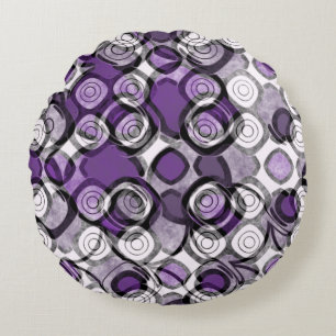 Almofada Redonda Padrão de Círculo Abstrato Roxo, Cinza e Preto