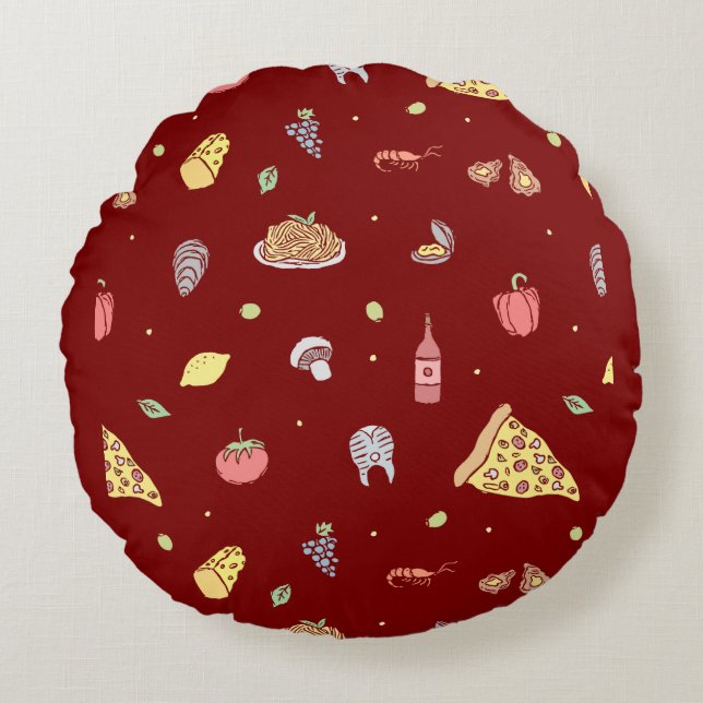 Almofada Redonda Padrão de comida italiano. Comidas italianas sem c (Frente)