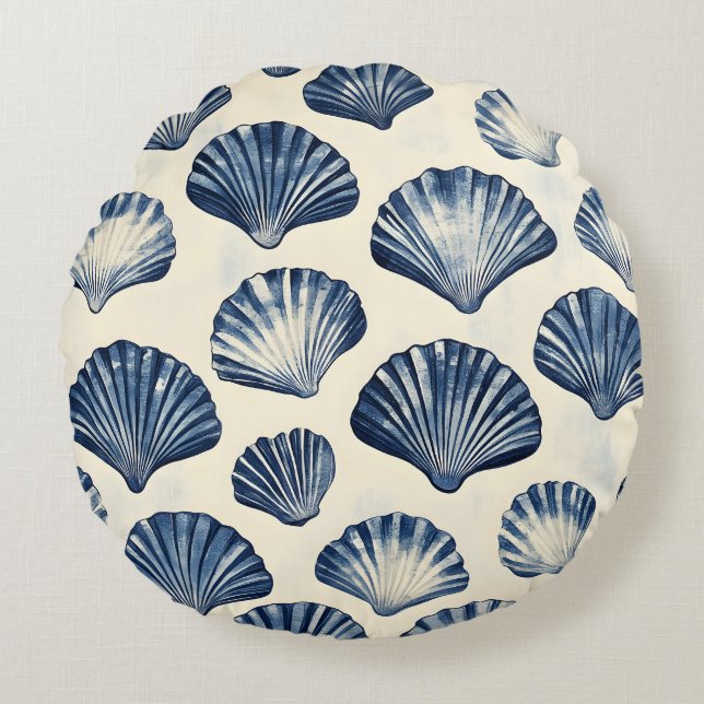 Almofada Redonda Padrão de conchas do mar azul (Frente)