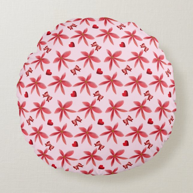 Almofada Redonda Padrão de Coração Floral Vermelho Fofo Sem Costura (Frente)