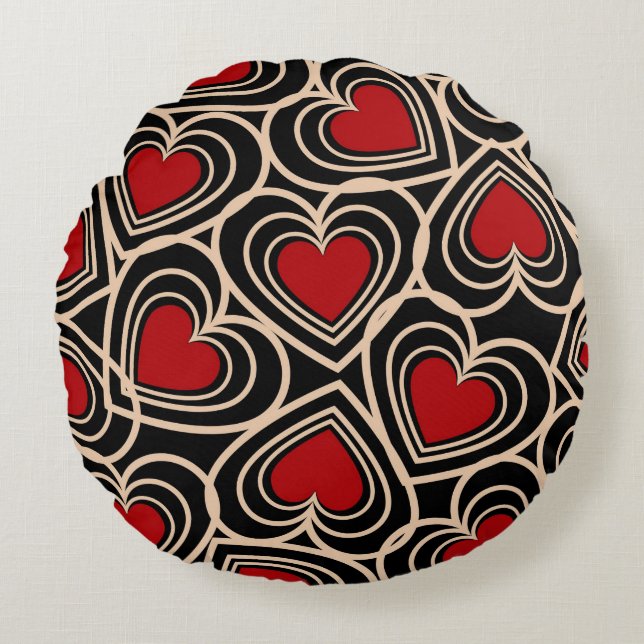 Almofada Redonda Padrão de Coração Simples Preto e Vermelho (Frente)